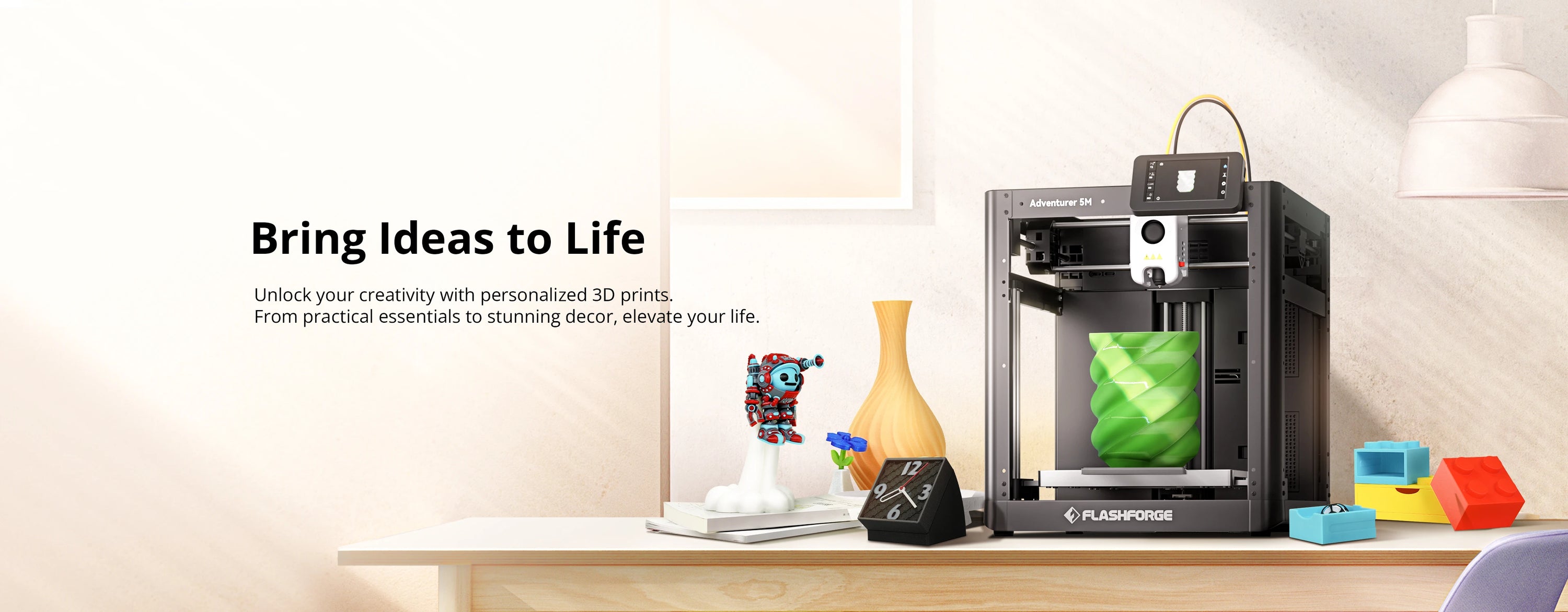 Flashforge AD5M 3D printer creating custom decor and objects, bring ideas to life