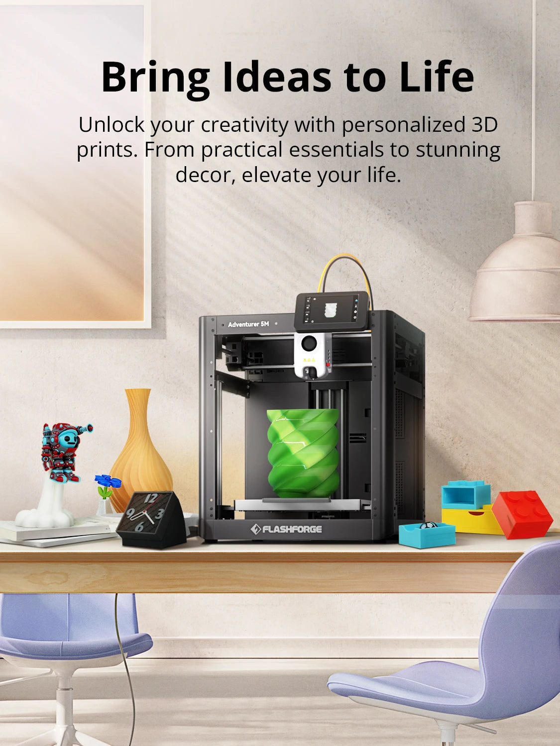 Flashforge AD5M 3D printer creating custom decor and objects, bring ideas to life
