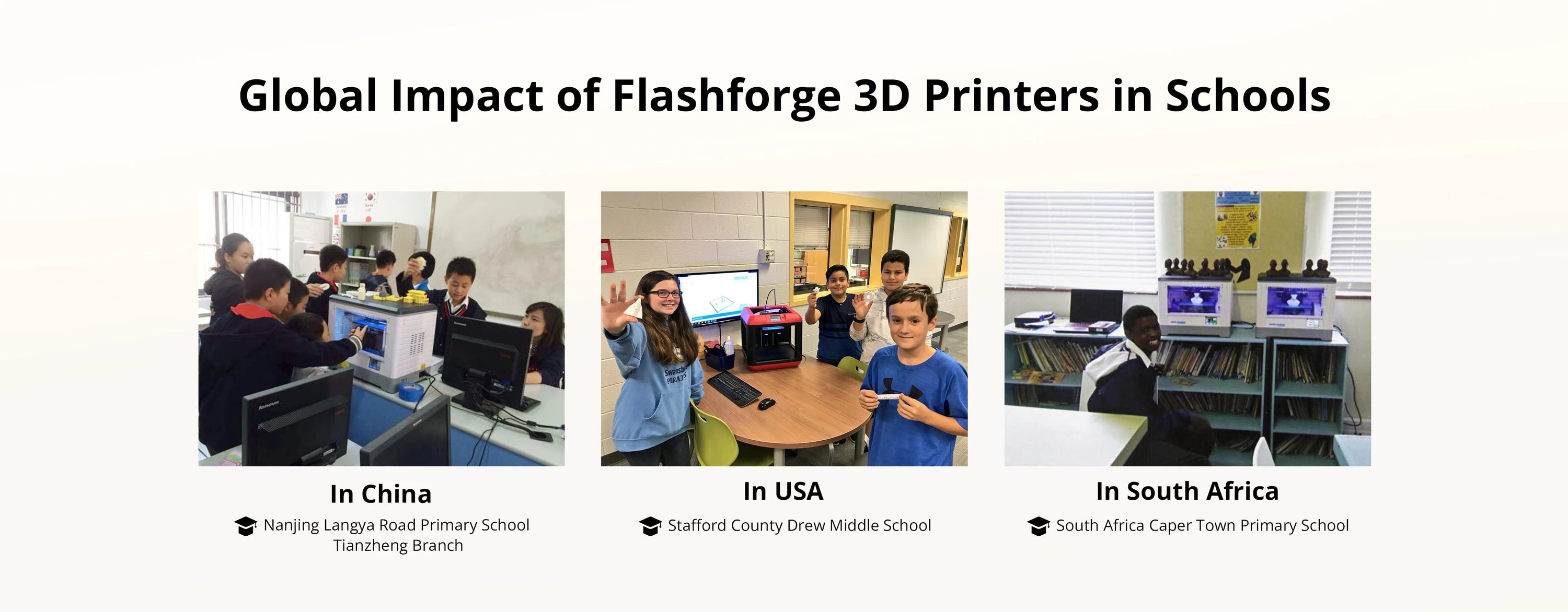 Flashforge 3D Printers for schools in Asia, the US, and Africa, enhancing educational applications.