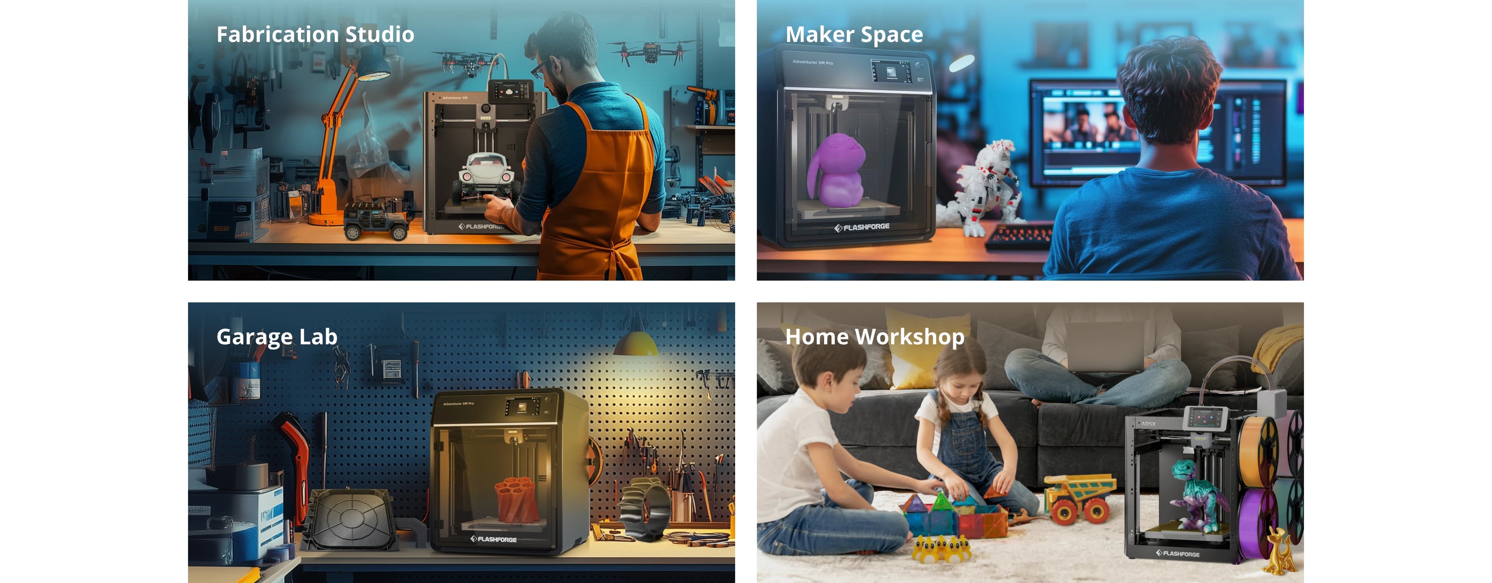 Flashforge 3D printers in studios, maker spaces, garages, and homes.