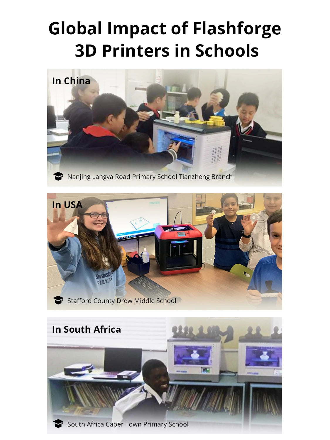 Flashforge 3D Printers for schools in Asia, the US, and Africa, enhancing educational applications.