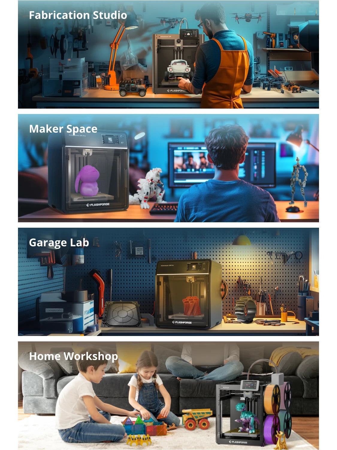 Flashforge 3D printers in studios, maker spaces, garages, and homes.