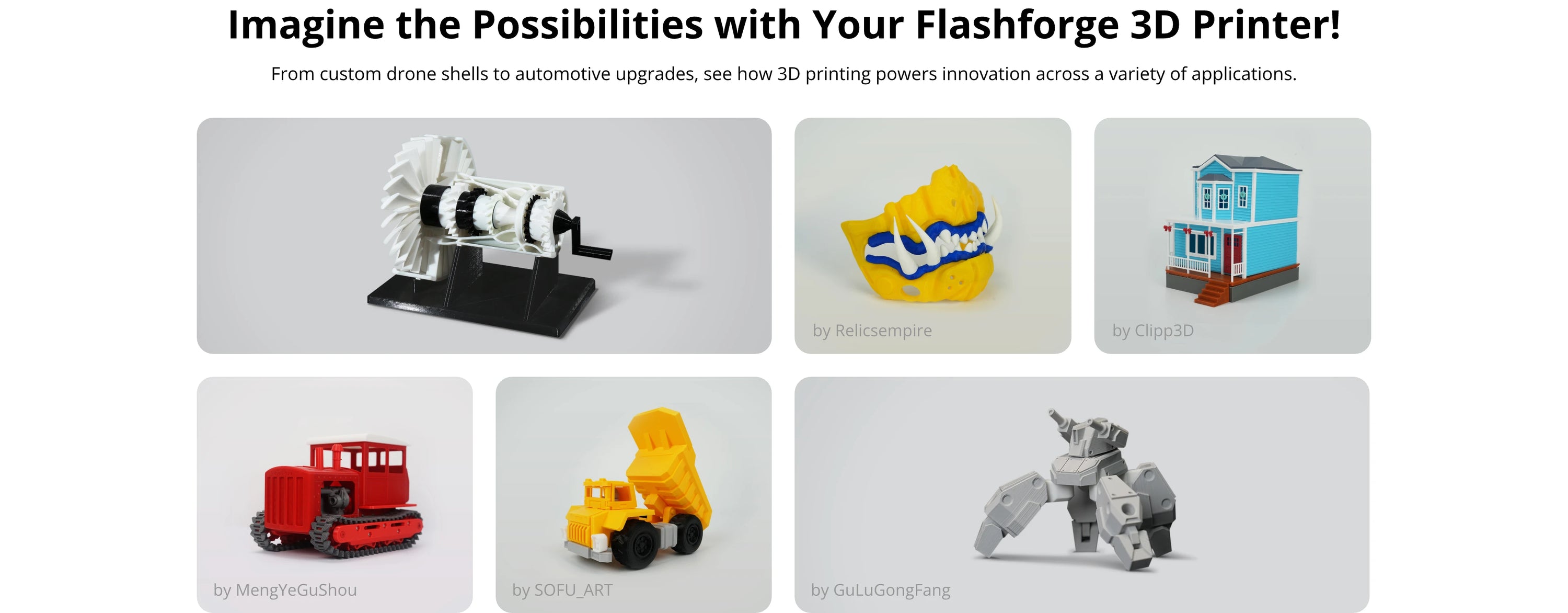 Flashforge 3D printer creations: models, toys, and prototypes.