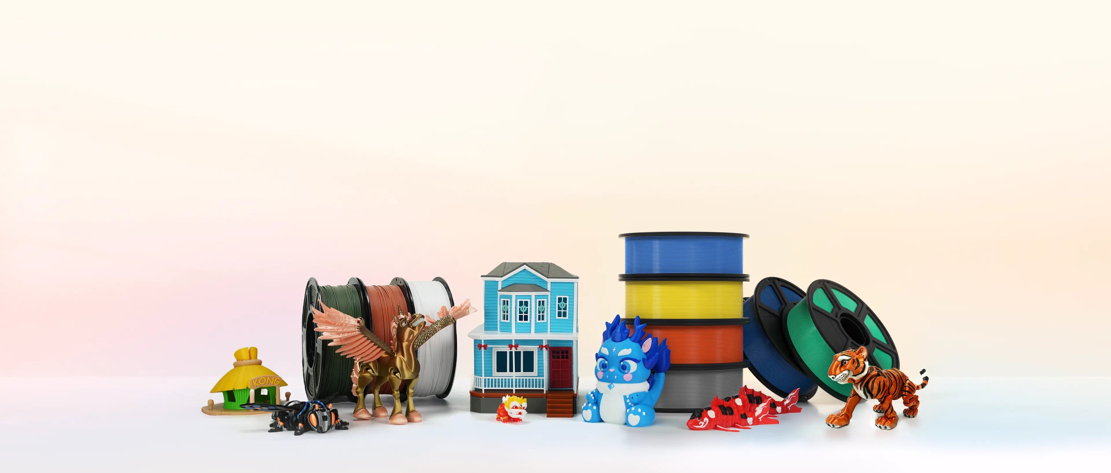 Flashforge AD5X supports various filaments, showcasing compatibility with PLA, TPU, PETG, and more alongside 3D-printed models.